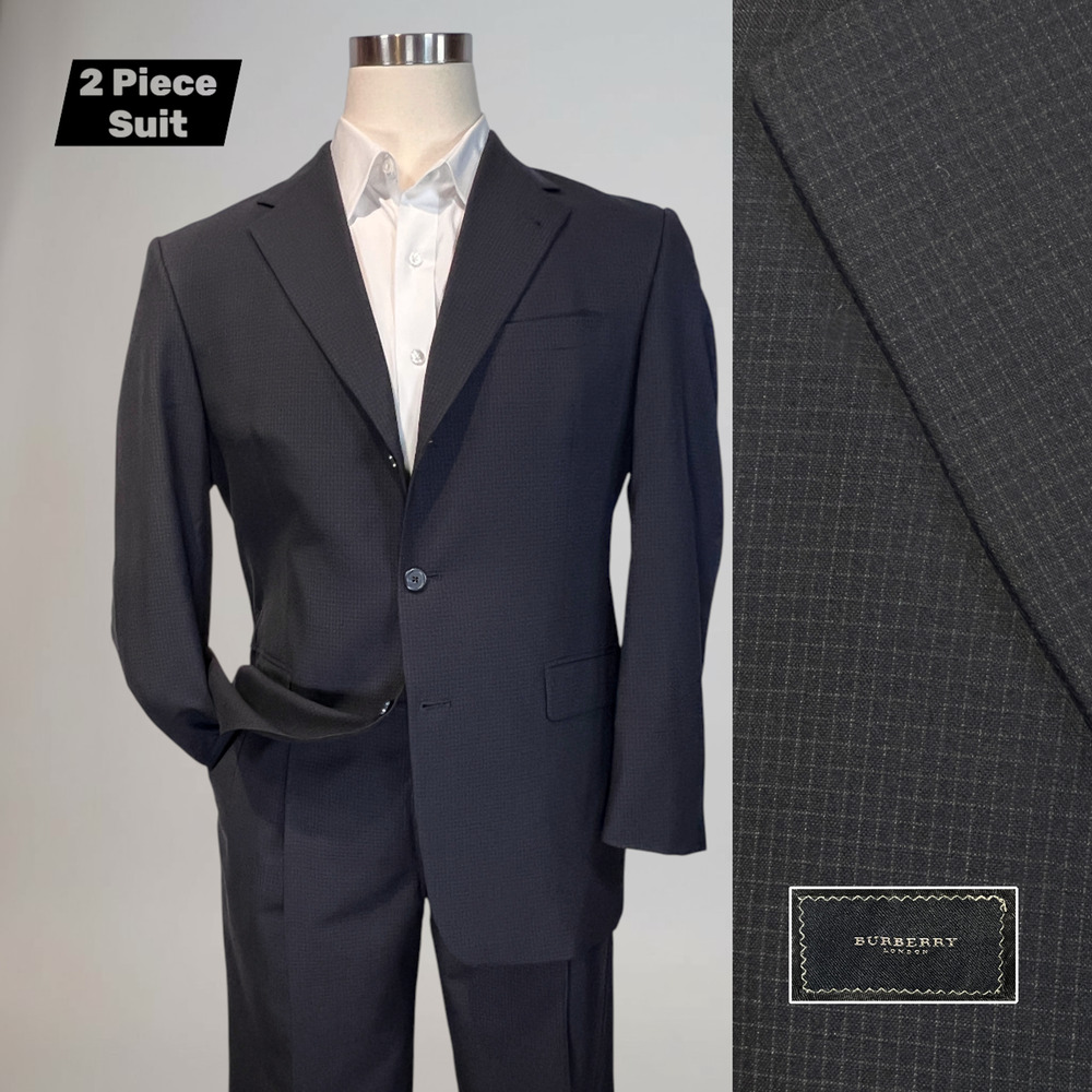 Burberry London 40R 34x29 Dark Charcoal Gray Micro Check Plaid Suit 3/2 Roll